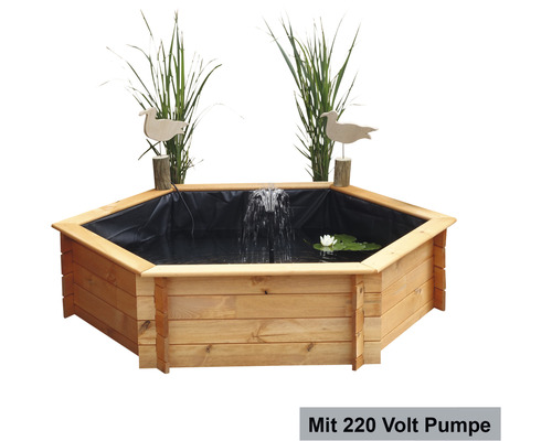 Hexagonaler Gartenteich aus Holz mit Pumpe