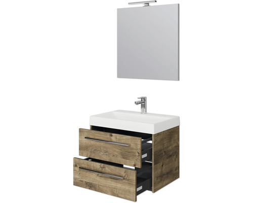 Waschtischunterschrank mit zwei offenen Schubladen, Waschbecken und Spiegel mit Lampe