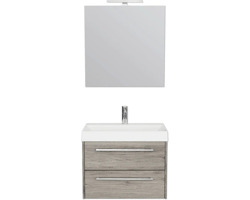 Waschtisch mit zwei Schubladen, Waschbecken, Spiegel und Lampe für das Badezimmer