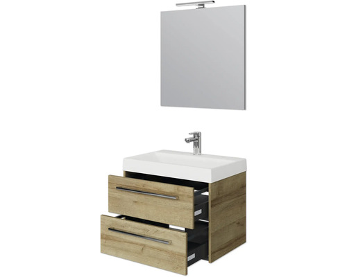 Badezimmerset mit Waschtischunterschrank, Waschbecken und Spiegel mit Beleuchtung