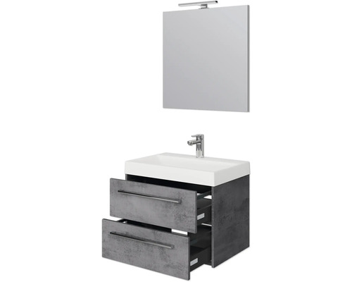 Badezimmerset mit Waschbeckenunterschrank, Waschbecken und Spiegel mit Lampe