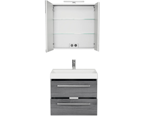 Waschtischunterschrank mit Waschbecken und Spiegelschrank mit offenen Türen und Einlegeböden.