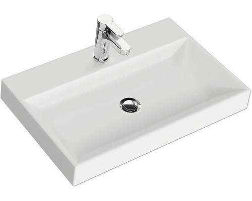Rechteckiges Aufsatzwaschbecken aus Keramik mit Armatur