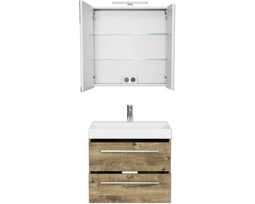 Badezimmerensemble mit Waschtischunterschrank, Waschbecken und Spiegelschrank