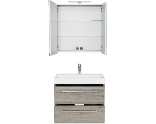 Badezimmer-Waschtischkombination mit Spiegelschrank, Waschbecken, Armatur und zwei Schubladen