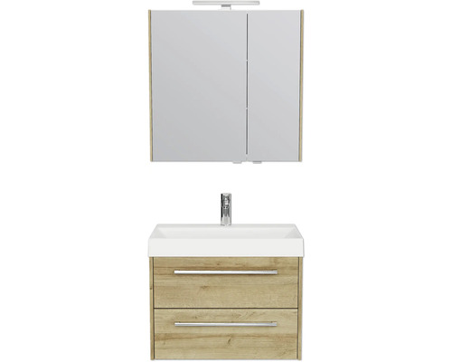 Waschtisch mit zwei Schubladen, Waschbecken und Spiegelschrank mit Beleuchtung