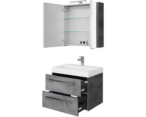 Waschbeckenunterschrank mit zwei Schubladen und Spiegelschrank mit geöffneter Tür und Glasablagen