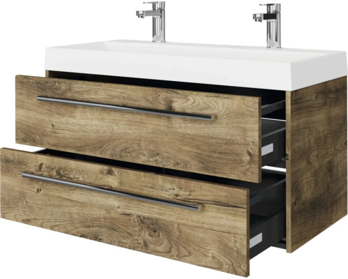Waschtischunterschrank mit zwei Schubladen in Holzoptik und Aufsatzwaschbecken