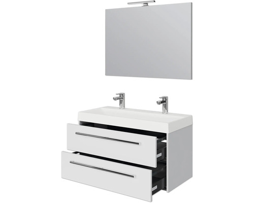 Badezimmermöbel-Set mit Waschtisch, zwei Schubladen, zwei Armaturen und Spiegel mit Lampe