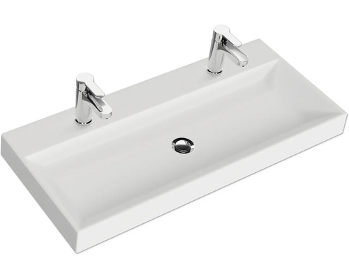 Rechteckiger Waschtisch aus Keramik mit zwei Armaturen