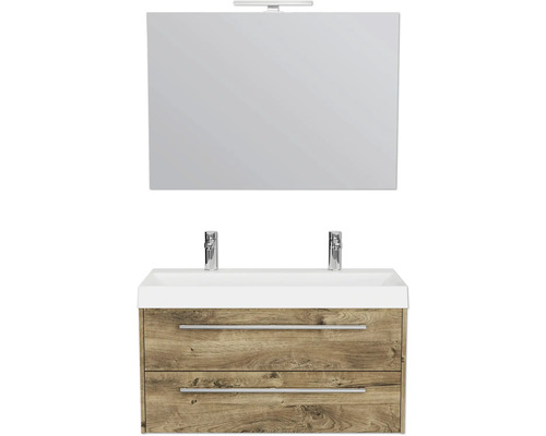 Badezimmerset mit Spiegel, Leuchte, Waschtisch und Unterschrank