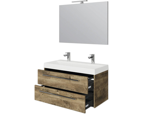 Waschtischunterschrank mit zwei Schubladen, Doppelwaschbecken und Spiegel