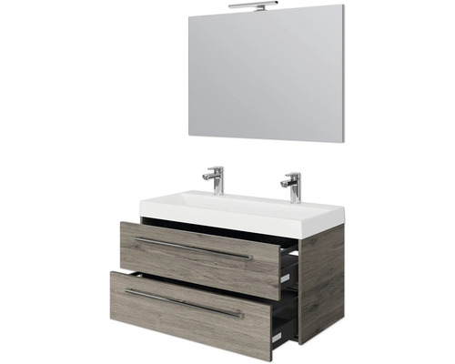 Waschtisch mit zwei Schubladen, Doppelwaschbecken und Spiegel mit Lampe