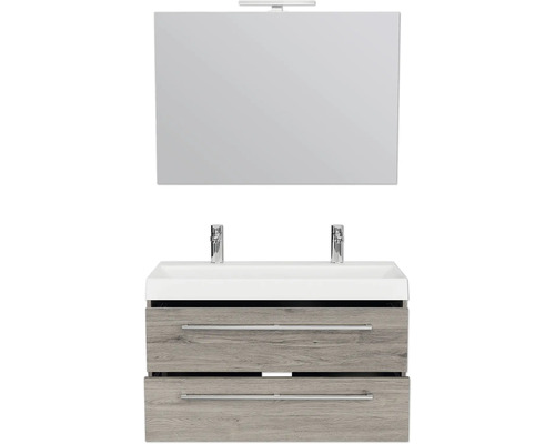 Waschtisch mit zwei Schubladen, Aufsatzwaschbecken, Spiegel und Beleuchtung