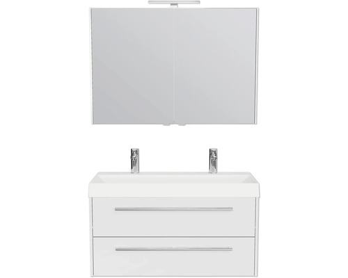 Badezimmerset mit Waschbeckenunterschrank, zwei Schubladen, zwei Armaturen und Spiegelschrank mit zwei Türen