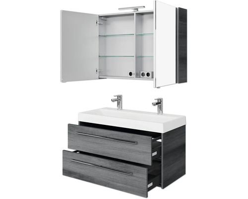 Badezimmerensemble mit Spiegelschrank, Aufsatzwaschbecken und Unterschrank mit Schubladen