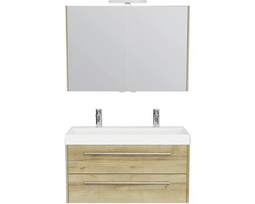 Badezimmermöbelset mit Spiegelschrank, Waschtisch, Waschbecken und zwei Armaturen