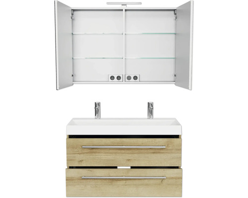 Waschtisch mit Unterschrank und Spiegelschrank mit offenen Türen und Glasböden