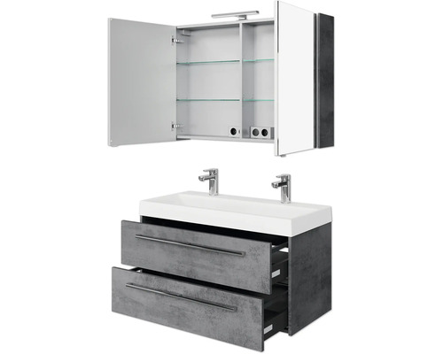 Badezimmer Waschtischkombination mit Spiegelschrank, Waschtisch und zwei Schubladen