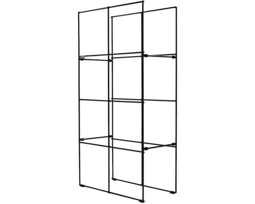 Schwarzes Regalsystem mit drei Ebenen.