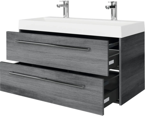 Waschtischunterschrank mit zwei offenen Schubladen, Armaturen und Holzstruktur