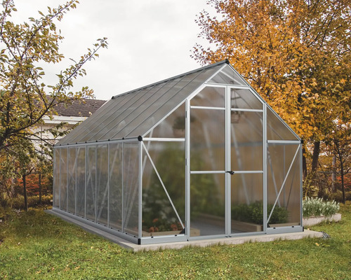 Gewächshaus Palram – Canopia Essence Polycarbonat 4 mm 244 x 607 cm silber Gewächshaus im Garten mit transparenten Wänden und Metalrahmen