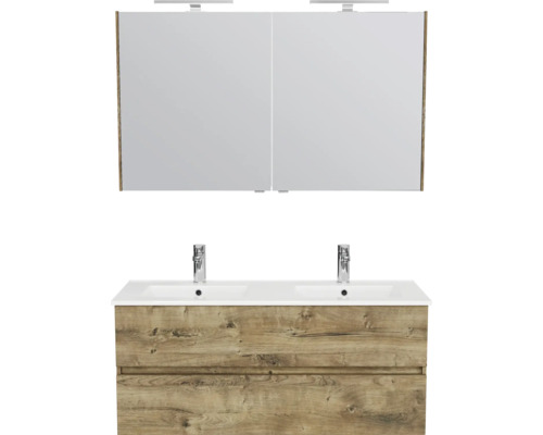 Waschtisch mit Doppelwaschbecken, Unterschrank und Spiegelschrank