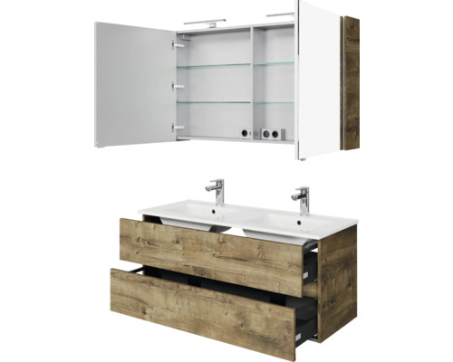 Waschtisch mit zwei Waschbecken, Unterschrank mit Schubladen und Spiegelschrank mit Regalen