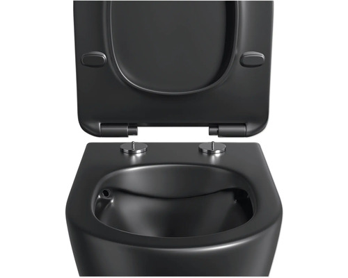 Schwarze Wandtoilette mit offenem Spülrand und WC-Sitz