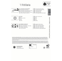 Informationen auf der Verpackung der Fritillaria Kaiserkrone, einschließlich Pflanzanleitung und Standortanforderungen.