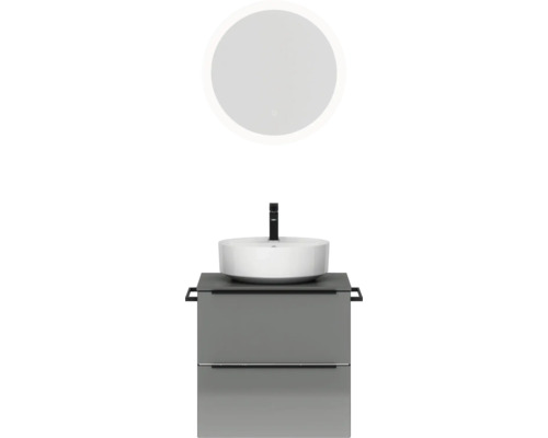 Badmöbel-Set NOBILIA Programm 3 BxHxT 61 x 169,1 x 48,7 cm Frontfarbe grau hochglanz mit Aufsatz-Waschtisch weiß und Spiegel rund mit LED-Beleuchtung Griffleiste schwarz 349