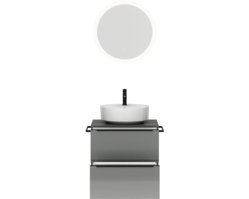 Waschtischkombination mit rundem Spiegel, Aufsatzwaschbecken und Unterschrank mit zwei Schubladen