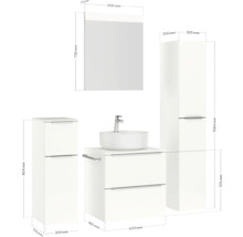 Badezimmer-Set mit Waschtisch, Aufsatzwaschbecken, Spiegelschrank und Hochschrank mit Maßangaben