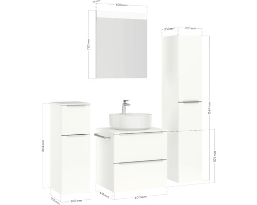 Badezimmer-Set mit Waschtisch, Aufsatzwaschbecken, Spiegelschrank und Hochschrank mit Maßangaben