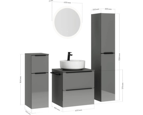 Badezimmer-Set mit Waschbecken, Unterschrank, Spiegelschrank und Hochschrank