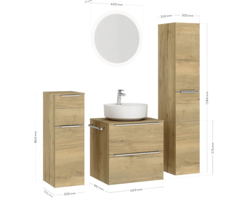 Badezimmerensemble mit Waschtisch, Spiegelschrank und Unterschrank mit Maßangaben