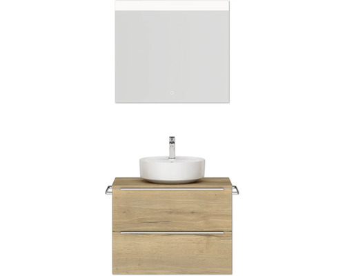 Badmöbel-Set NOBILIA Programm 3 BxHxT 81 x 169,1 x 48,7 cm Frontfarbe eiche natur mit Aufsatz-Waschtisch weiß und Spiegel mit LED-Beleuchtung Griffleiste chrom matt 390 Badezimmer Waschtischkombination mit Spiegel und zwei Schubladen