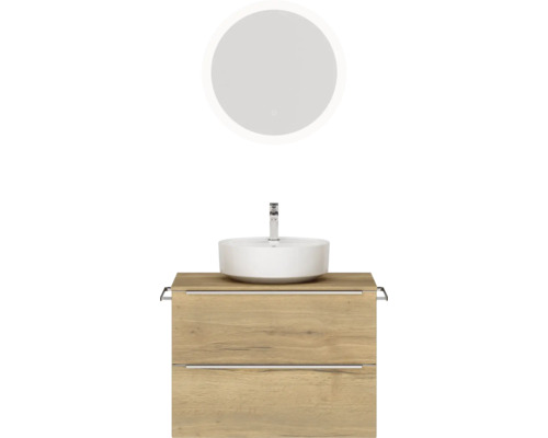 Badmöbel-Set NOBILIA Programm 3 BxHxT 81 x 169,1 x 48,7 cm Frontfarbe eiche natur mit Aufsatz-Waschtisch weiß und Spiegel rund mit LED-Beleuchtung Griffleiste chrom matt 406 Waschtischkombination mit Aufsatzwaschbecken und Spiegel mit Beleuchtung