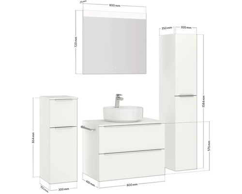 Badezimmermöbel-Set mit Waschtisch, Waschbecken, Spiegelschrank und zwei Hochschränken