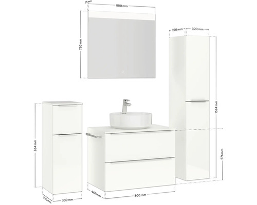 Badezimmer-Set mit Waschtisch, Aufsatzwaschbecken, Spiegelschrank und Hochschrank mit Maßangaben
