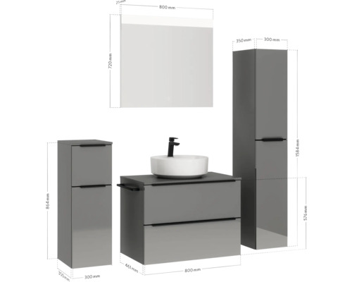 Graues Badezimmerset mit Waschtisch, Waschtischunterschrank, Spiegelschrank und Hochschrank mit Maßangaben