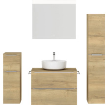Badmöbel-Set NOBILIA Programm 3 BxHxT 160 x 169,1 x 48,7 cm Frontfarbe eiche natur mit Aufsatz-Waschtisch weiß und Spiegel mit LED-Beleuchtung Midischrank Unterschrank Griffleiste chrom matt 414