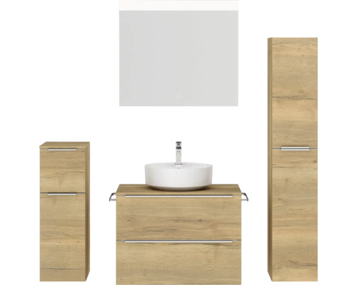 Badmöbel-Set NOBILIA Programm 3 BxHxT 160 x 169,1 x 48,7 cm Frontfarbe eiche natur mit Aufsatz-Waschtisch weiß und Spiegel mit LED-Beleuchtung Midischrank Unterschrank Griffleiste chrom matt 414 Badezimmerensemble mit Waschtisch, Spiegel und Hochschrank