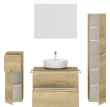 Badmöbel-Set NOBILIA Programm 3 BxHxT 160 x 169,1 x 48,7 cm Frontfarbe eiche natur mit Aufsatz-Waschtisch weiß und Spiegel mit LED-Beleuchtung Midischrank Unterschrank Griffleiste chrom matt 414