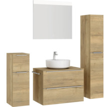 Badmöbel-Set NOBILIA Programm 3 BxHxT 160 x 169,1 x 48,7 cm Frontfarbe eiche natur mit Aufsatz-Waschtisch weiß und Spiegel mit LED-Beleuchtung Midischrank Unterschrank Griffleiste chrom matt 414