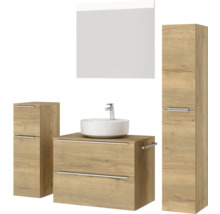 Badmöbel-Set NOBILIA Programm 3 BxHxT 160 x 169,1 x 48,7 cm Frontfarbe eiche natur mit Aufsatz-Waschtisch weiß und Spiegel mit LED-Beleuchtung Midischrank Unterschrank Griffleiste chrom matt 414