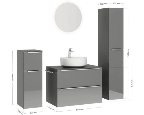 Badezimmer-Set mit Waschtisch, Aufsatzwaschbecken, Spiegelschrank und Hochschrank mit Maßangaben