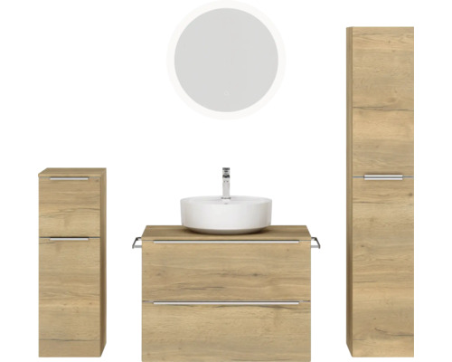 Badmöbel-Set NOBILIA Programm 3 BxHxT 160 x 169,1 x 48,7 cm Frontfarbe eiche natur mit Aufsatz-Waschtisch weiß und Spiegel rund mit LED-Beleuchtung Midischrank Unterschrank Griffleiste chrom matt 430 Badezimmer-Set mit Waschtisch, Spiegel und Hochschränken