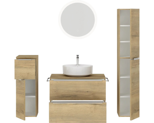 Badezimmer-Set mit Waschtisch, Aufsatzwaschbecken, Spiegelschrank und Hochschrank