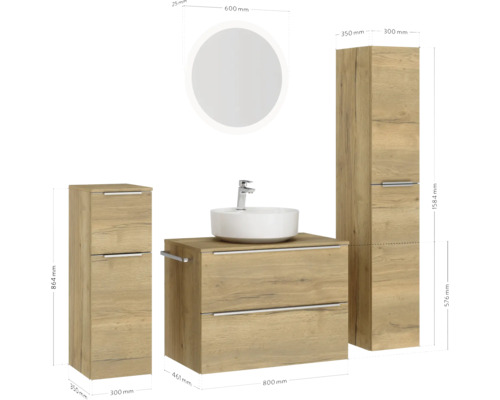 Badezimmerensemble mit Waschtischunterschrank, Waschtisch, Spiegelschrank und Seitenschrank mit Maßangaben